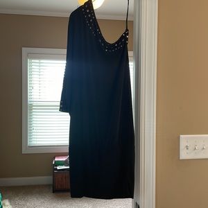 One shoulder black drop waist black dress